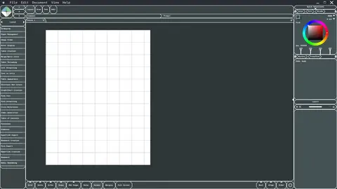 Minek Graphic page layout workspace with a blank page and color picker