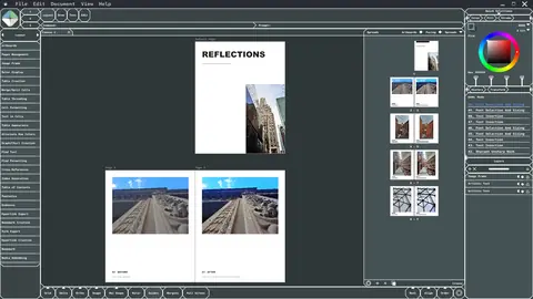 Photo book spreads laid out in Minek Graphic