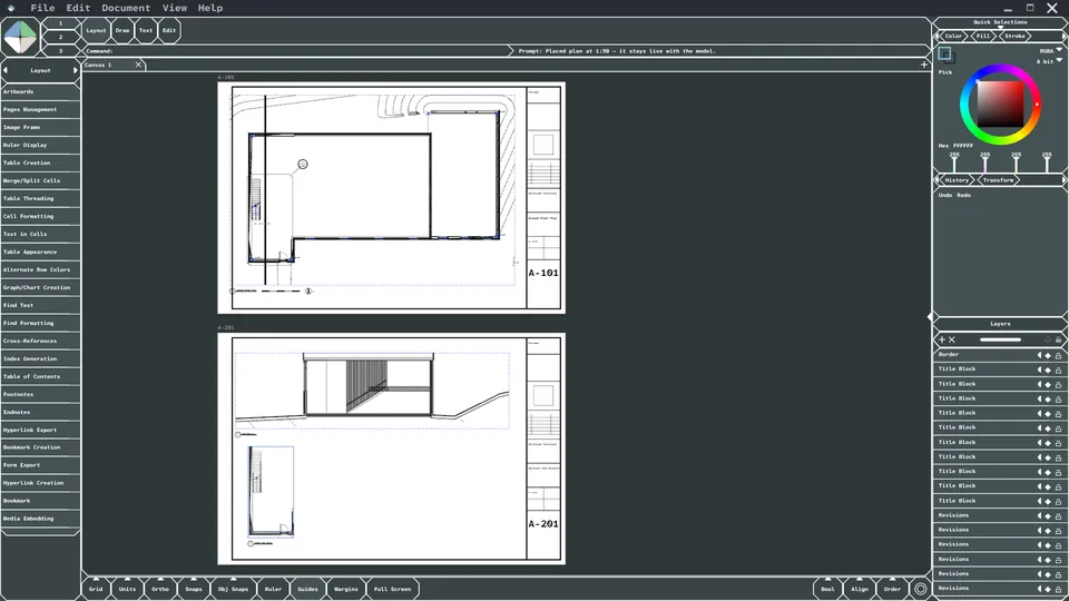 Plan and section placed on layout sheets in Graphic