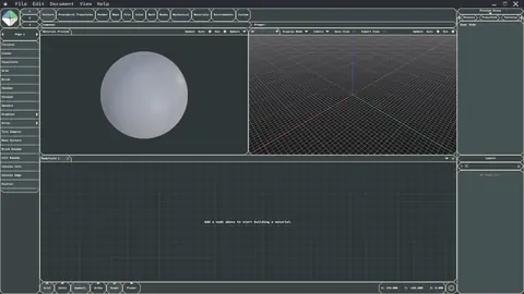Minek Parametric material editor with a preview sphere and an empty node graph
