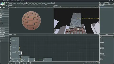 Node graph driving a brick material on a preview sphere and a tower model in Minek Parametric