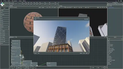 Render of a glass and brick tower in the Minek Parametric render window