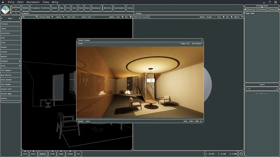 Warm interior render with a spiral stair made in Minek Parametric
