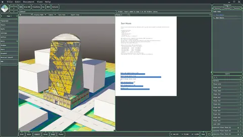 Sun hours analysis of a tower in Minek Technic, with its report on the Graphic canvas