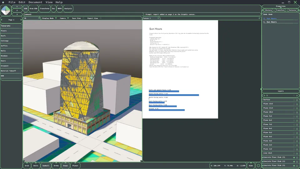 Sun hours analysis in Technic with a report on the Graphic canvas