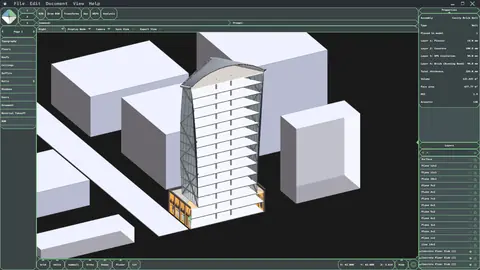 Sectioned BIM tower in Minek Technic showing floor slabs and a cavity brick wall assembly